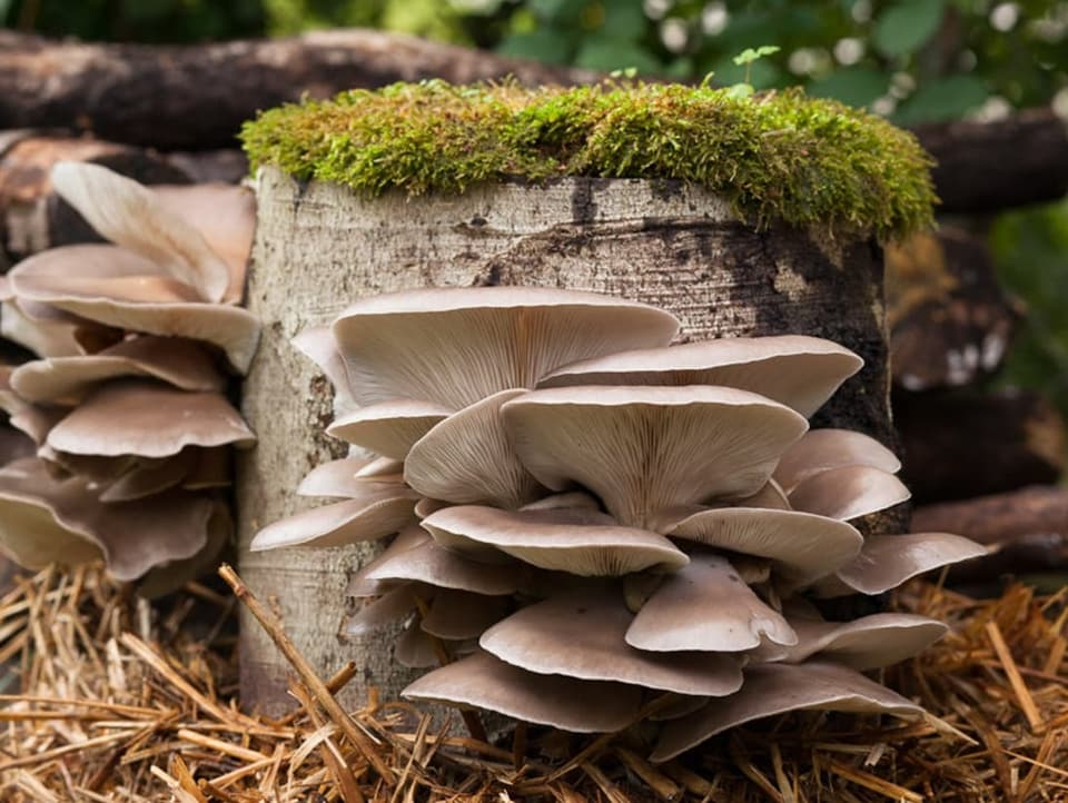 Pilze wachsen aus einem Holzstamm.