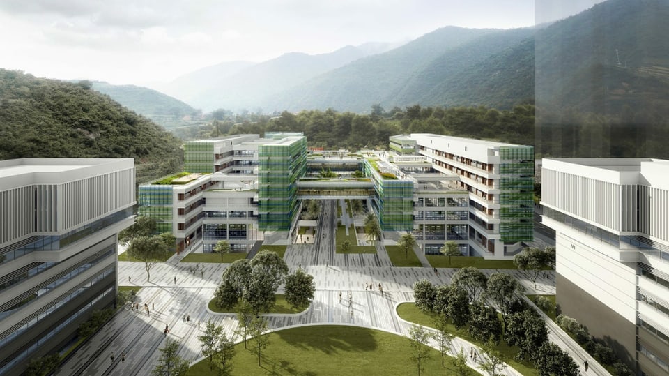 eine Visualisierung eines modernen Campus, umringt von Grünflächen