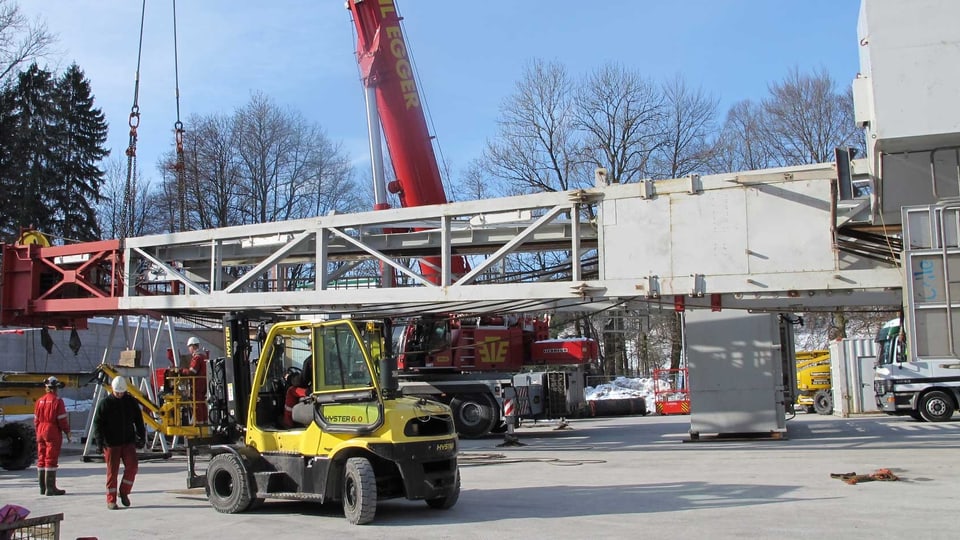 Männer in roten Anzügen mit Helmen stehen um einen Gabelstapler, im Hintergrund einen Kranen der mit Metallseilen den Masten hält