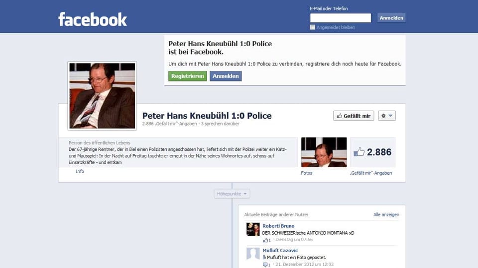 Screen-Shot der Facebook-Seite «Peter Hans Kneubühl 1:0 Police».