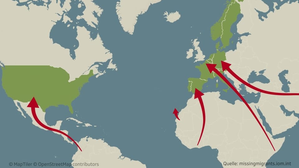 Weltkarte mit den Fluchtbewegungen vom Süden in Richtung Westeuropa und in die USA.