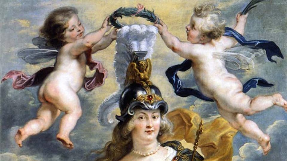 Gemälde von zwei kleinen nackten Engelm, die einen Reifen über das Haupt einer halb entblössten Frau, die einen Helm trägt, halten.