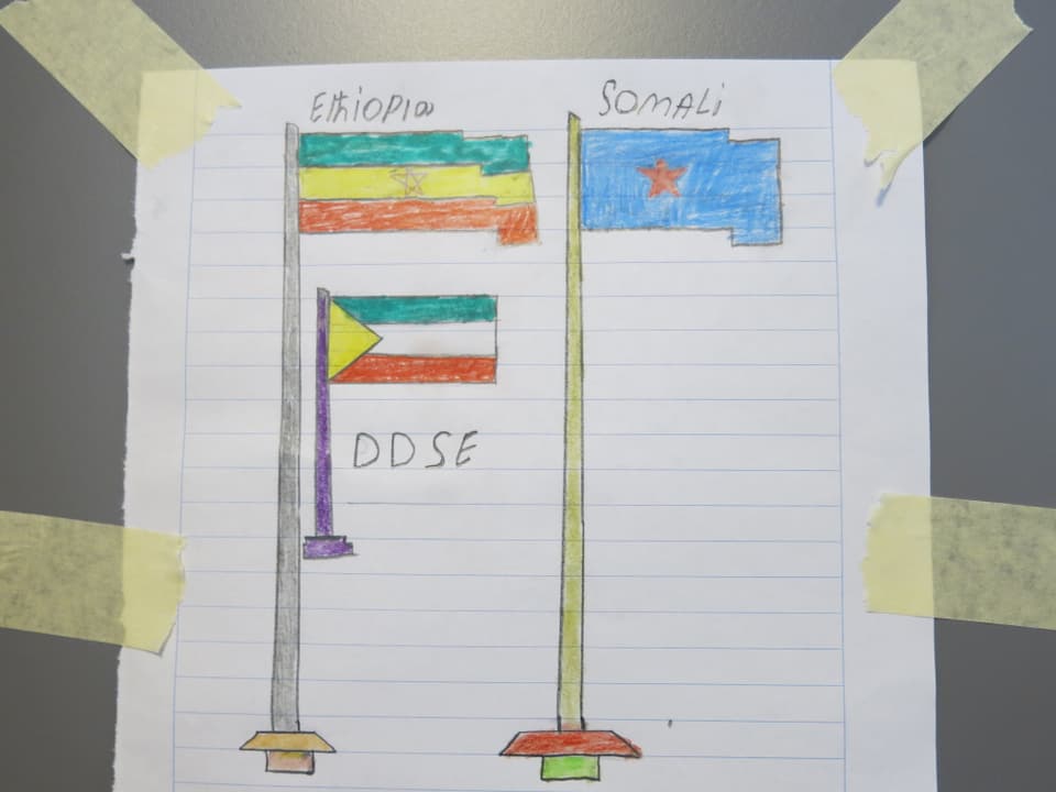 Eine Zeichnung eines Jugendlichen mit den Flaggen von Äthiopien und Somalia.