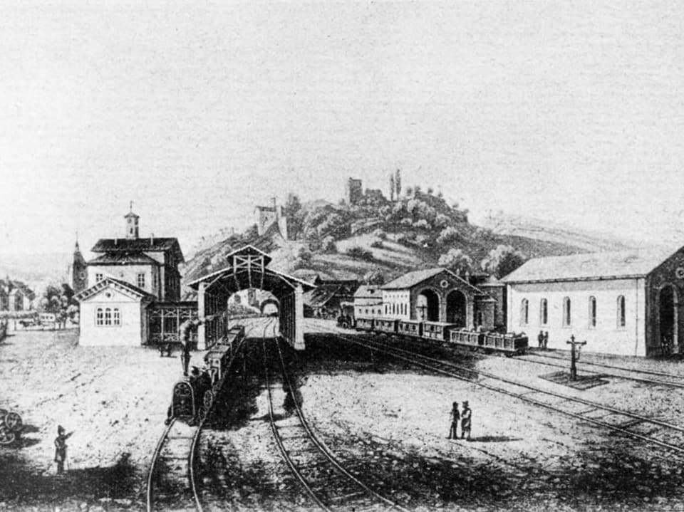 Illustration vom Bahnhof Baden um 1847