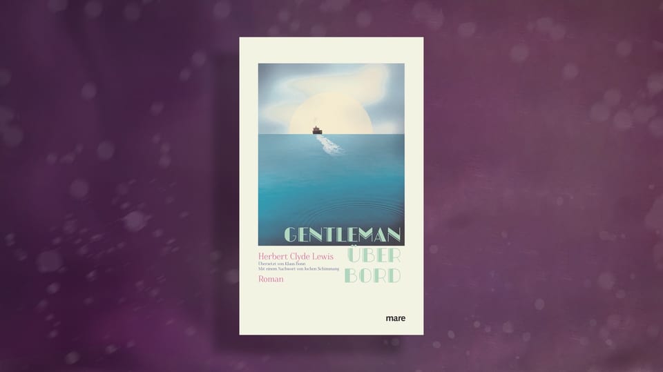 Buchcover auf violettem Hintergrund. weisses Buch mit blauem Bild von Meer mit Boot am Horizont