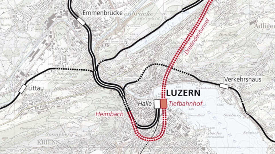 Karte Stadt Luzern mit der Streckenführung für den geplanten Tiefbahnhof.