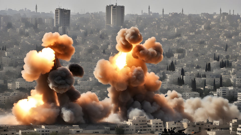 KI-generierte Szene mit einer grossen Stadt mit zwei Wolkenkratzern. Im Vordergrund zwei Rauchwolken oder Explosionen