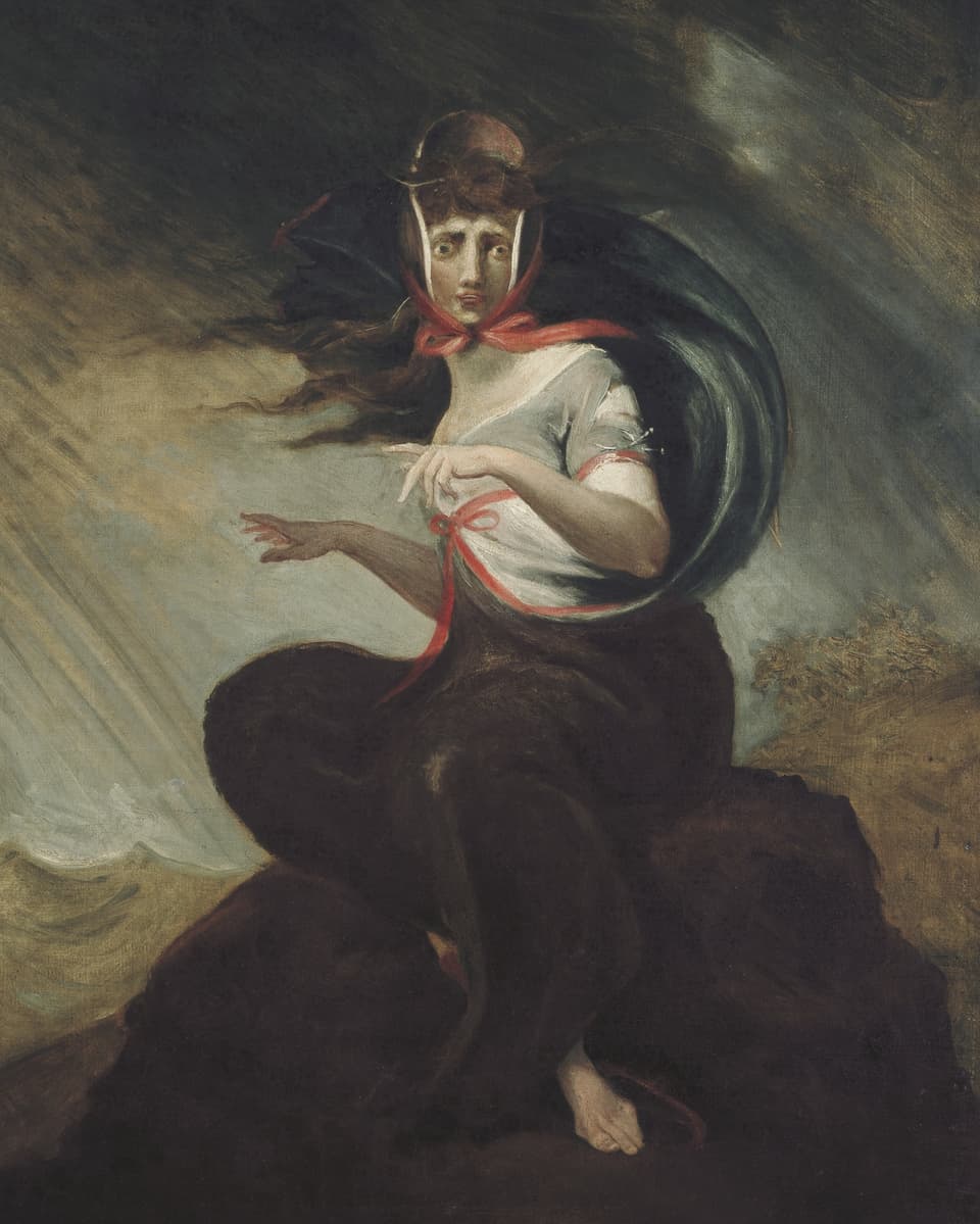 Ein Gemälde einer Frau, die auf einem Stein sitzt und verwirrt reinschaut