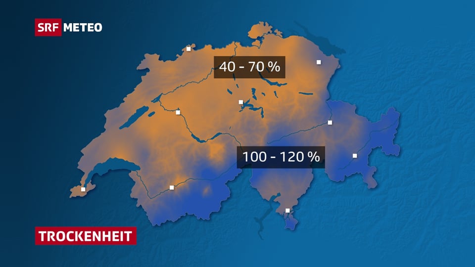 Die Schweizerkarte zeigt in Braun- und Blautönen welche Regionen der Schweiz besonders trocken sind.