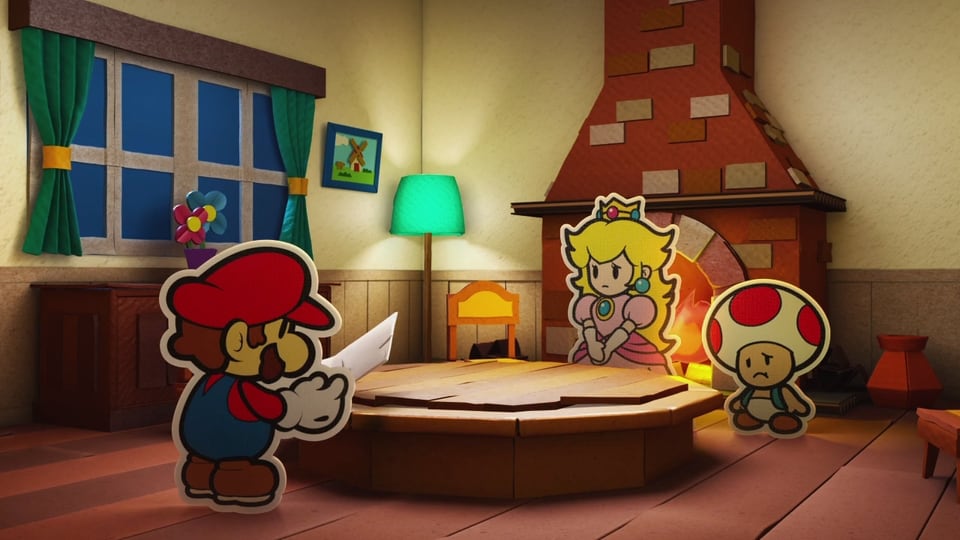 Mario öffnet den «Brief» nichtsahnend, Peach schaut traurig.