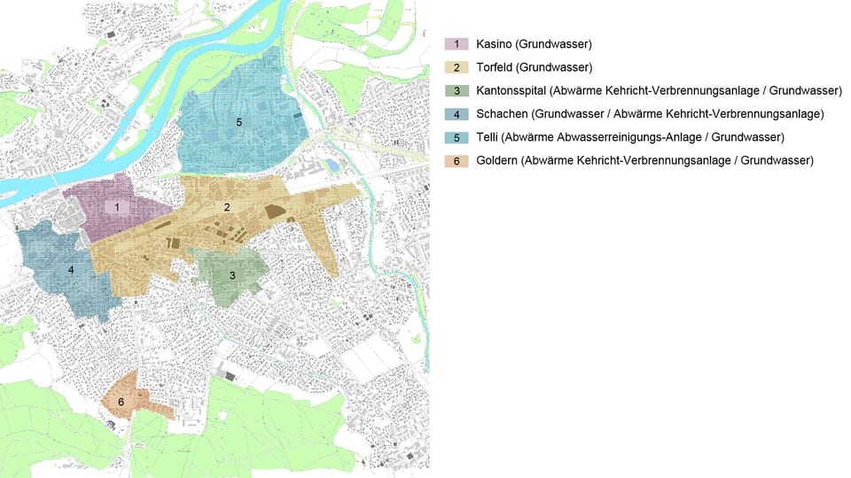 Plan der Stadt Aarau mit Fernwärmegebieten