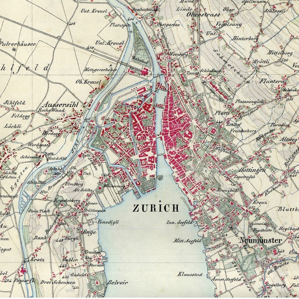 Zürich auf der Dufourkarte, um 1850