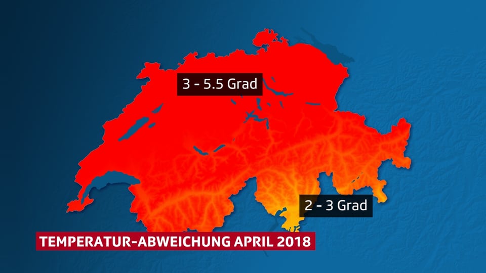 Karte der Schweiz mit den Temperaturabweichungen, welche auch im Text vorkommen.