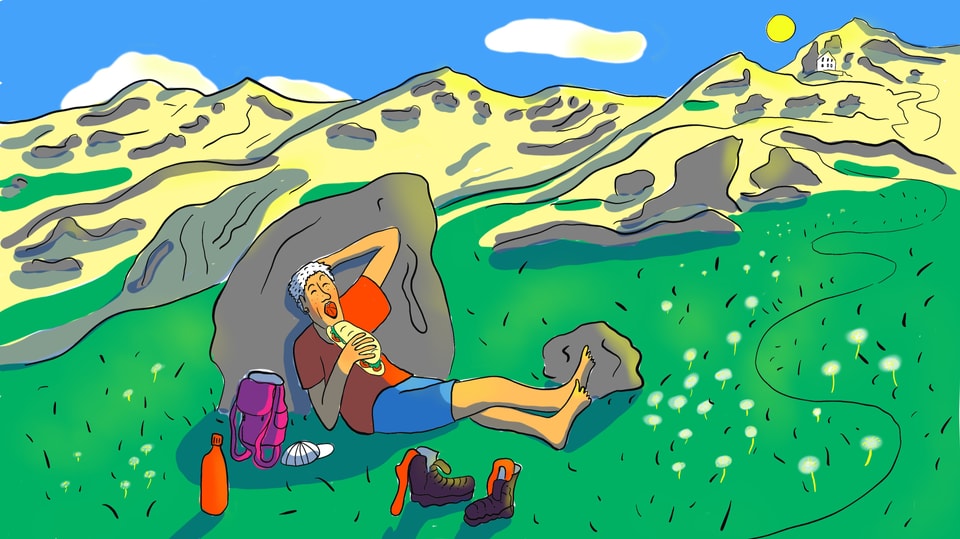 Zeichnung: Eine PErson lehnt am Rand eines Wanderweges an einem Stein und beisst zufrieden in ein grosses Sandwich