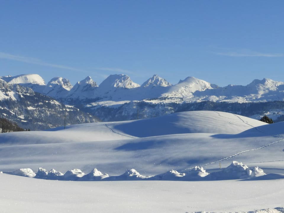 Landschaft mit Churfirsten im Hintergrund und Schneehügel im Vordergrund.