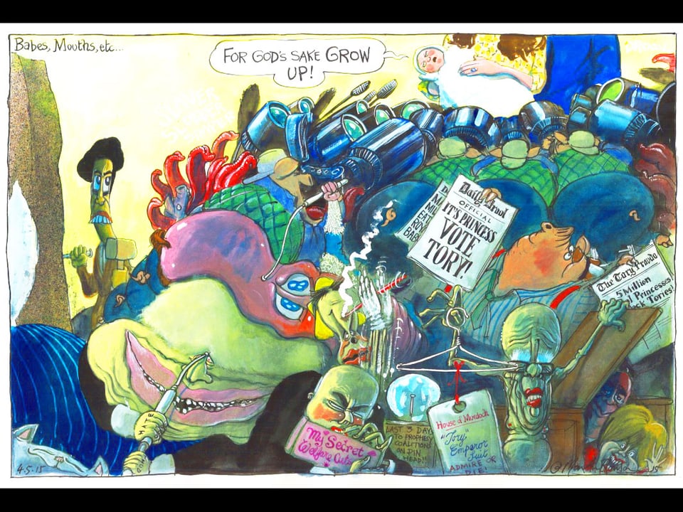 Ein Cartoon über das königliche Bay. Viele monsterartige Figuren halten Zeitungen hoch.