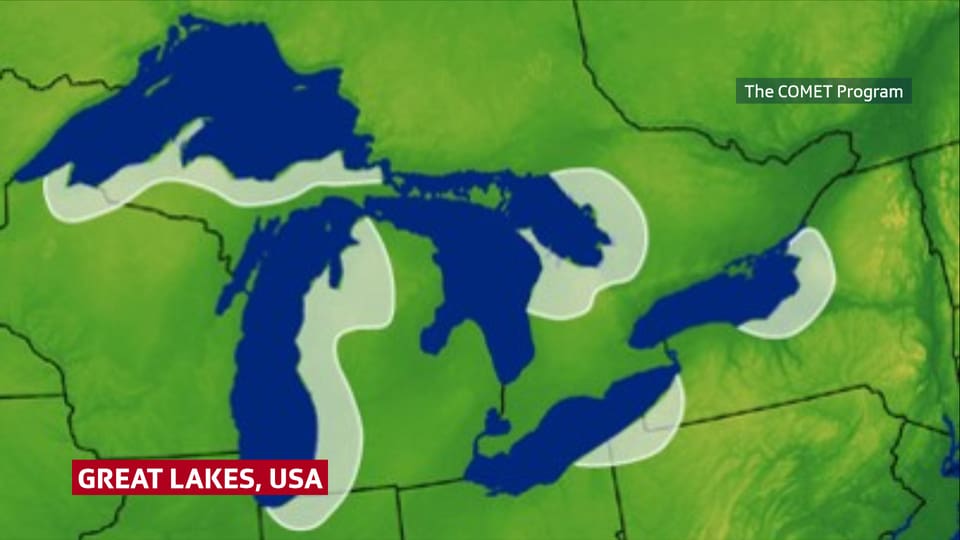 Auf einer Karte sind die Great Lakes zu sehen und eingezeichnet die betroffenen Regionen.