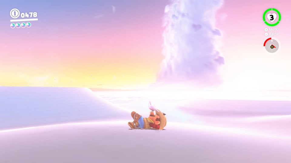 Super Mario liegt auf einer Wolke und schläft friedlich, dass sich sogar ein Vogel auf seiner Nase bequem gemacht hat. 