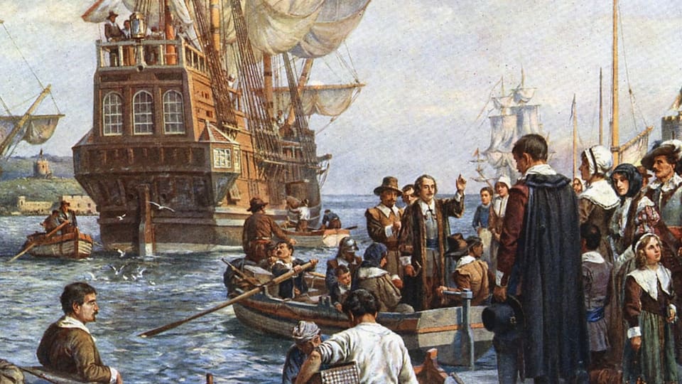 Eine Illustration zeigt die Pilgerväter, wie sie auf ein Schiff gehen, um nach Amerika zu reisen.