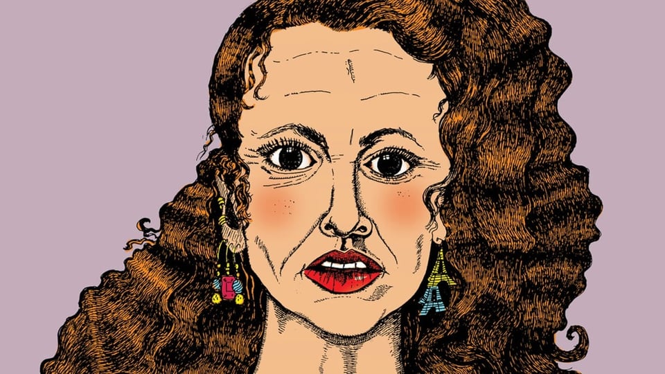 Zeichnung eine Frau mit bunten Ohrringen.