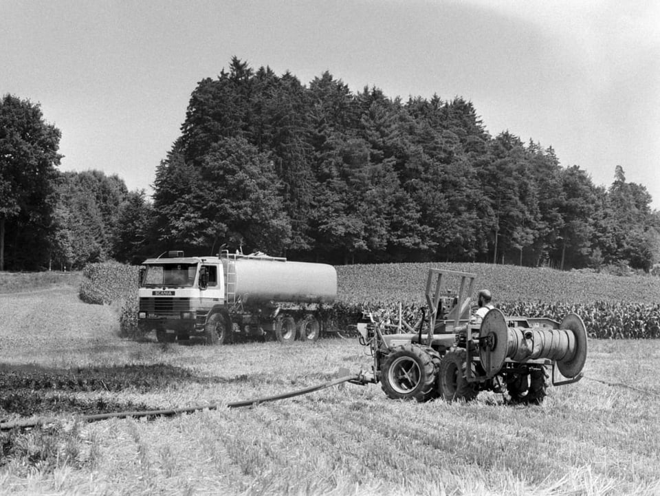 Ein Schweizer Landwirt verteilt Klärschlamm über das Feld (1988).