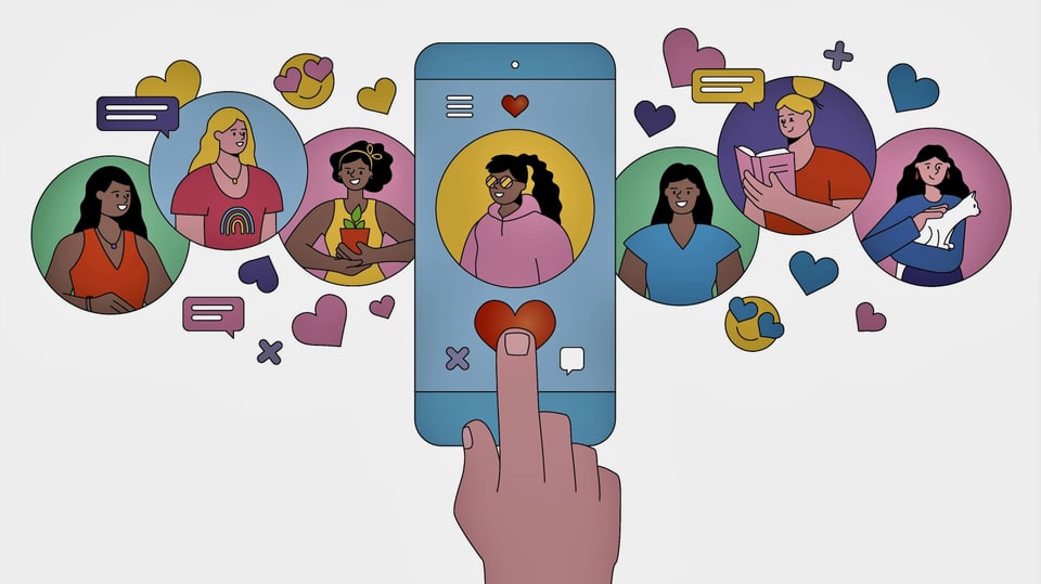 Illustration, Mittig Smartphone-Bildschirm mit Dating-App, rechts und links Profilbilder von Nutzenden