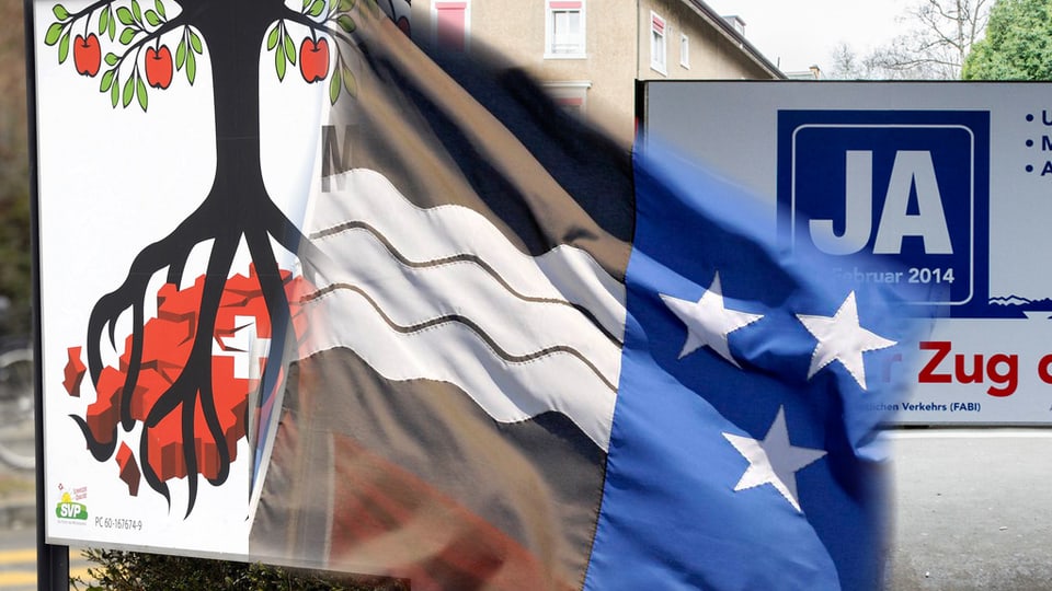 Werbeplakate für Abstimmung, davor eine Aargauer Flagge.