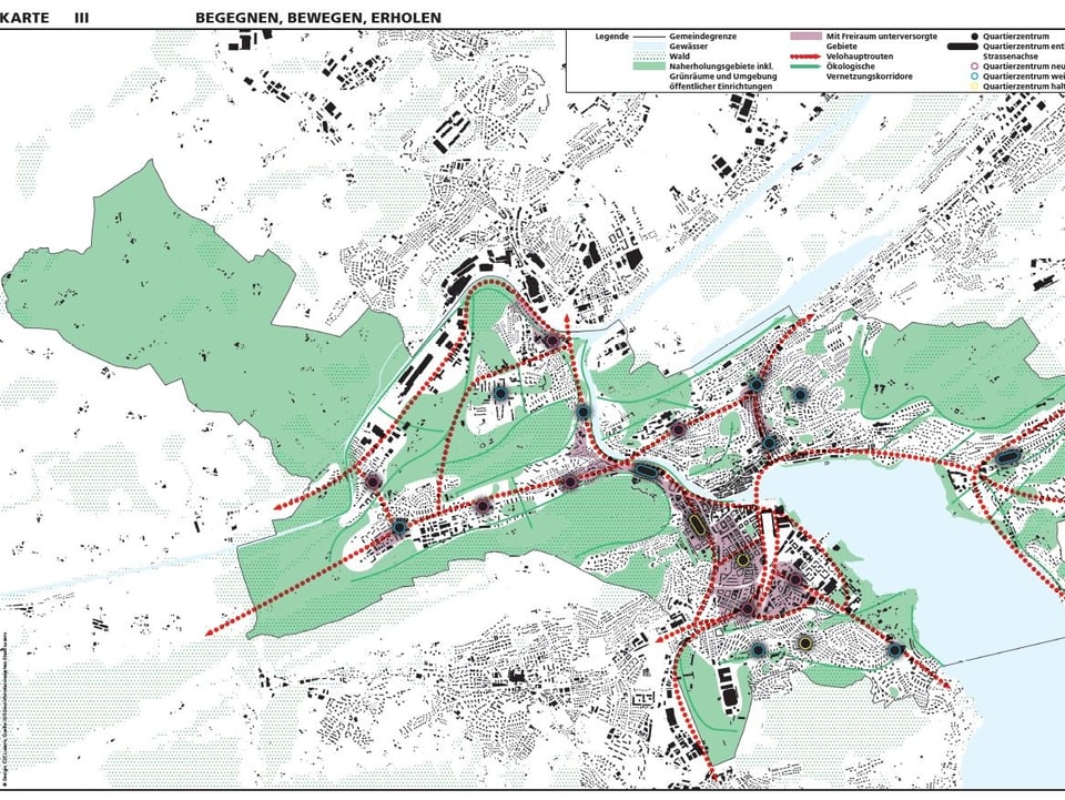 Grafik eines Stadtplanes mit verschieden farbig markierten Zonen. 