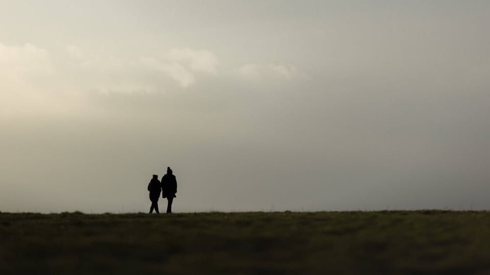 Ein Paar spaziert auf einer Wiese.