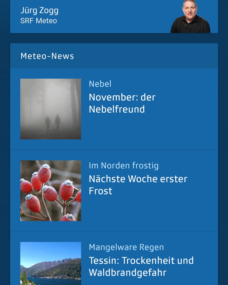 Ein Screenshot der App zeigt die Artikel in der Rubrik Meteo-News.