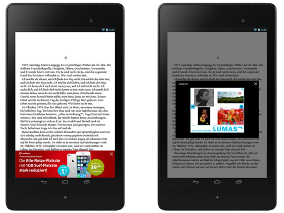 Ein E-Book, dessen Text durch Werbe-Pop-Up-Fenster verdeckt wird.