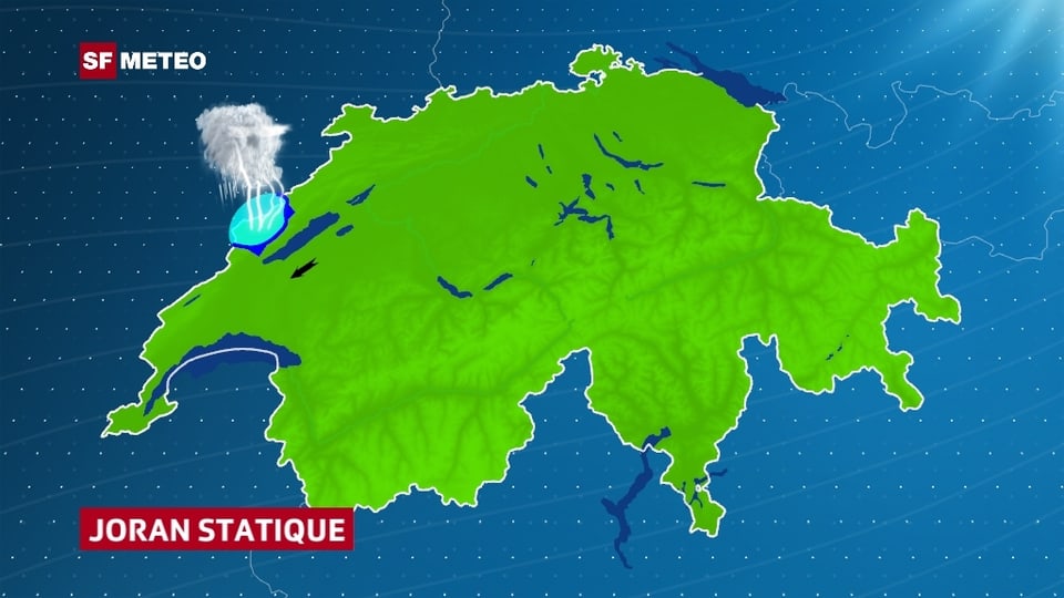 Eine Schweizerkarte. Über dem Jura ist auf einem Fleck blau Luft eingezeichnet und darüber eine Gewitterwolke. Im Mittelland zeigt ein Windpfeil schwache Bise an.