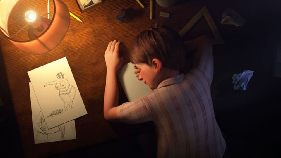Animation Junge schläft auf Tisch, Kopf auf dem Arm. Daneben Skizzen.