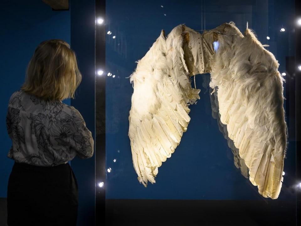 Eine Frau betrachtet einen Flügelanzug in einer Ausstellung