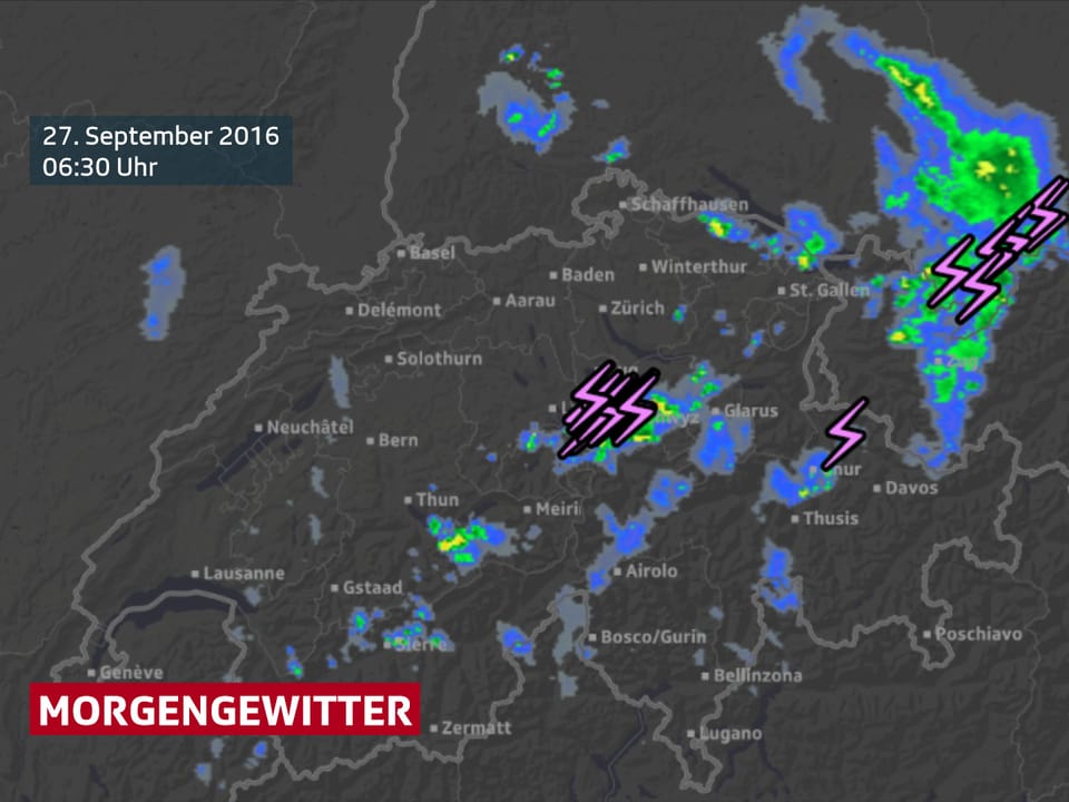 Das Regenradar zeigt in der Zentralschweiz um 6:30 Uhr starke Regenechos und viele Blitze.