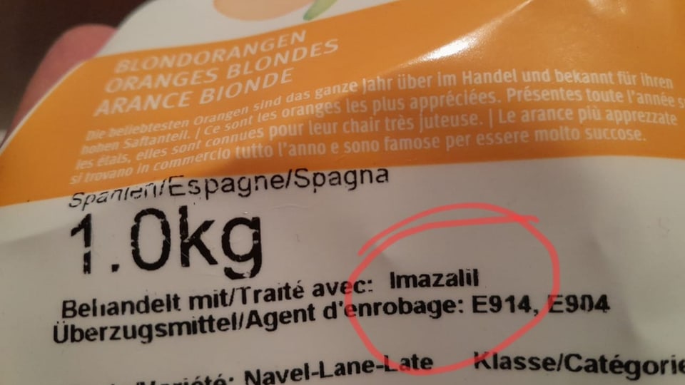 Migros-Verpackung von Orangen mit Imazalil-Deklaration