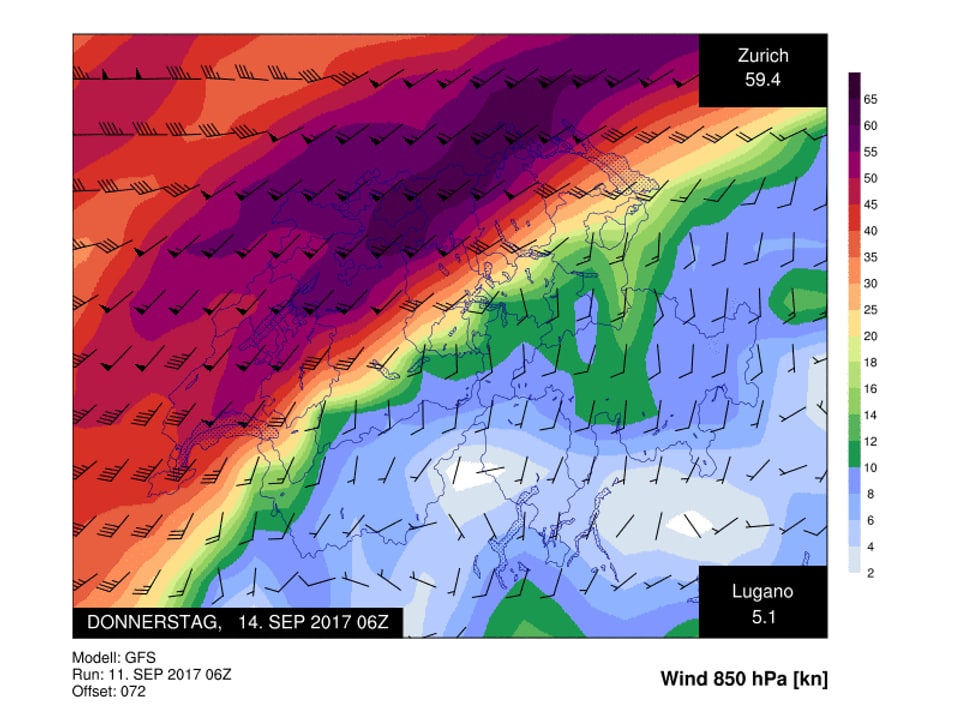 Eine Karte für den Wind in 1,5 km Höhe am Donnerstagmorgen. Über dem Jura und im Mittelland sind stürmische Winde eingezeichnet.