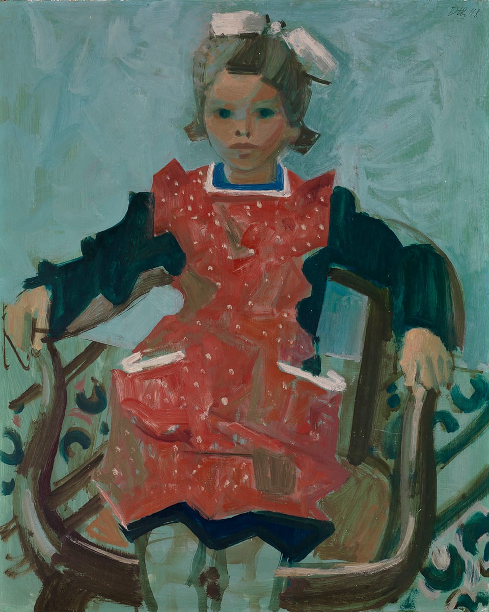 Ein Mädchen mit rotem Rock sitzt auf einem Stuhl. Ein Öl-Gemälde von Danioth.