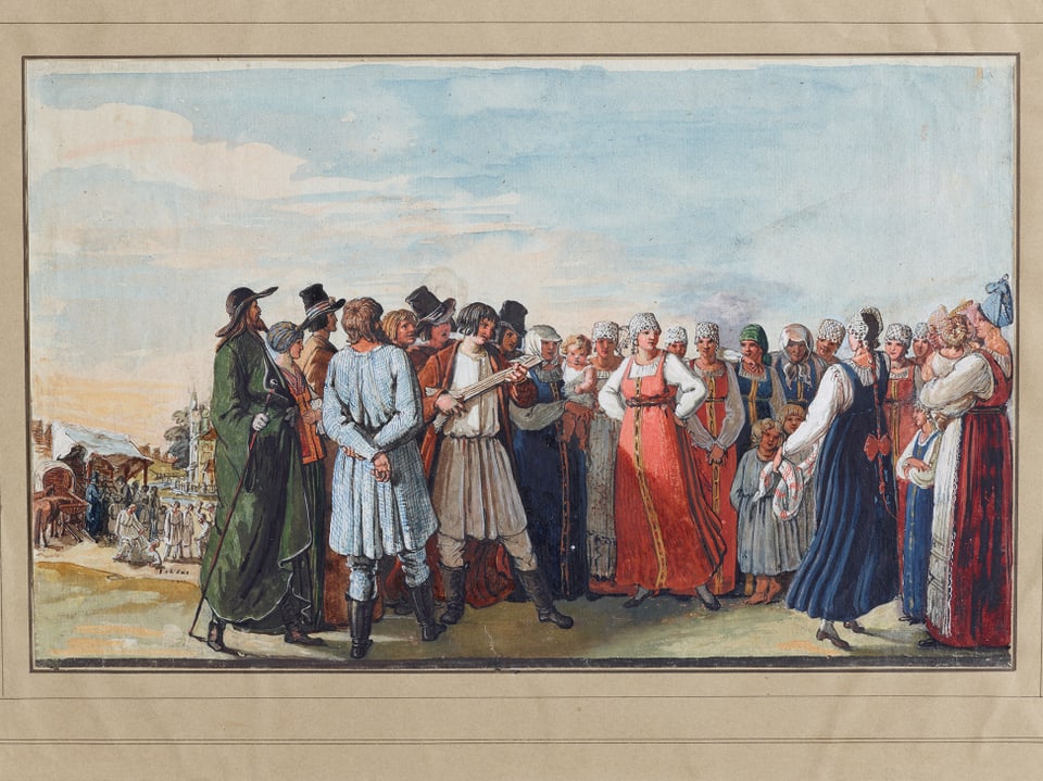 Ein Bild, auf dem eine Gruppe von Frauen und Männer in farbigen Kleider zu sehen sind, wie sie tanzen.