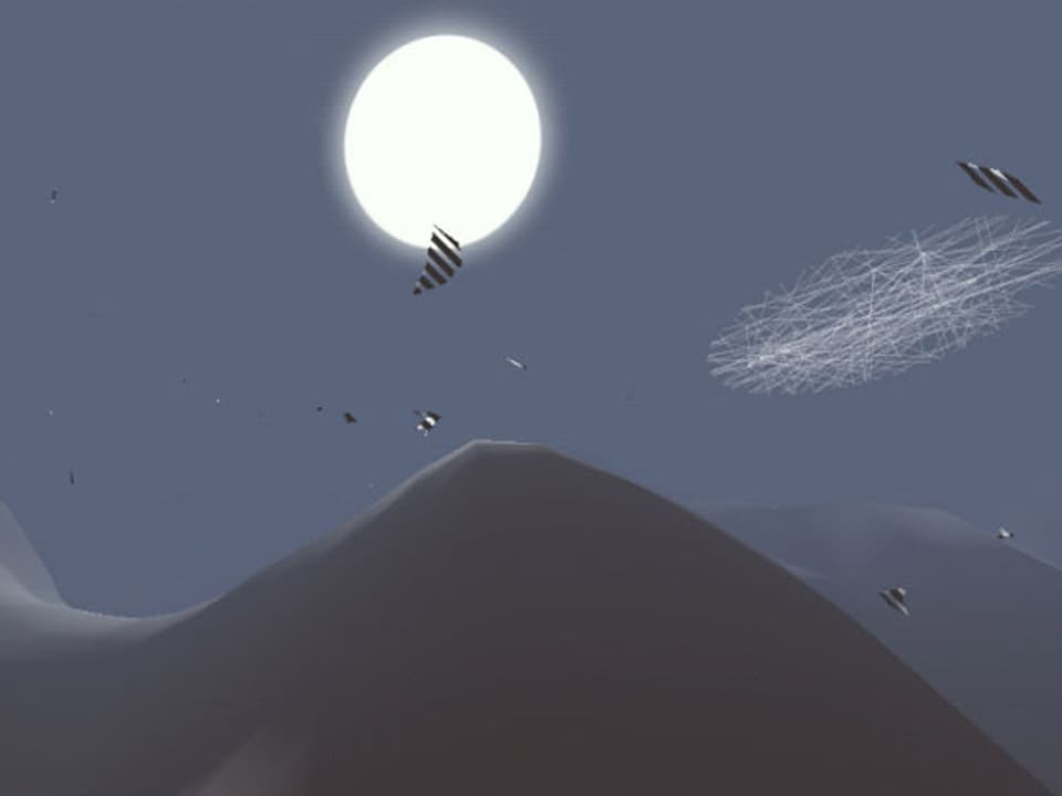Computerlandschaft mit Hügeln, dem Mond am Himmel und Dingen, die durch die Luft fliegen.