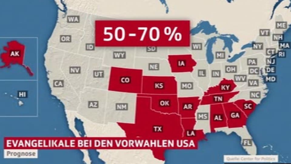 Karte der USA mit den einzelnen Bundesstaaten. Markiert sind die Staaten wo die Evangelikalen 50-70 Prozent der Wähler ausmachen.