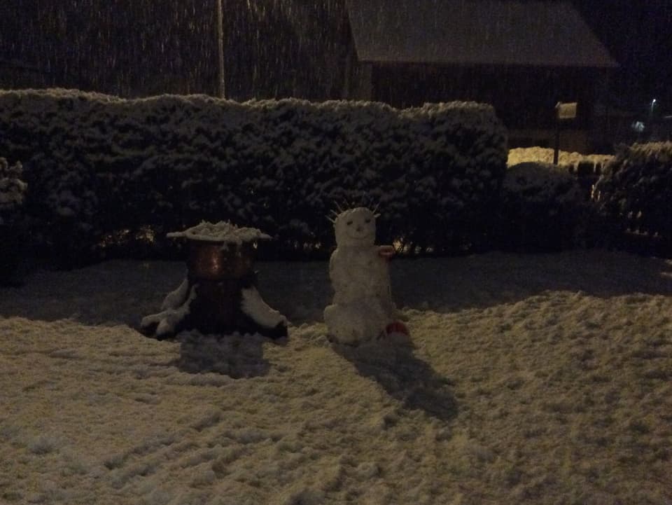 Im Vorgarten steht ein Schneemann.