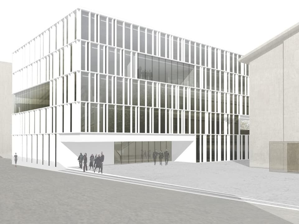 Schwarz-Weiss-Visualisierung des Neubaus: fünfstöckiges Gebäude. 