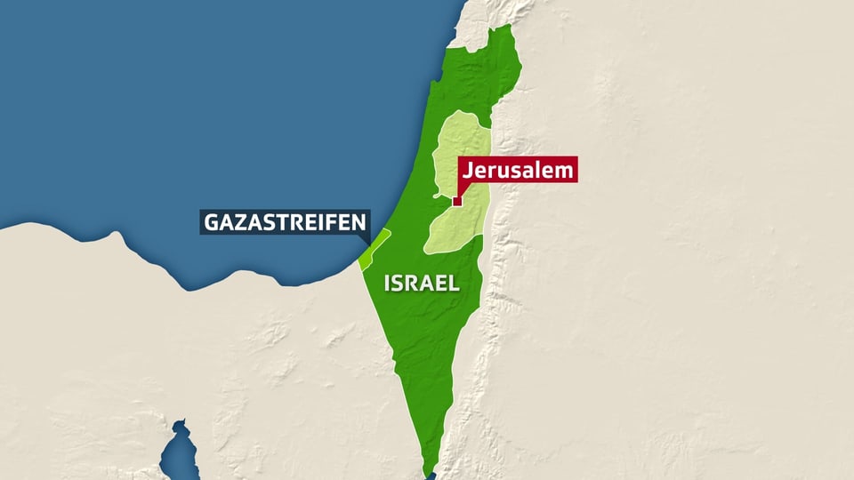 Karte Israels mit Gazastreifen, Westjordanland und Jerusalem eingezeichnet.