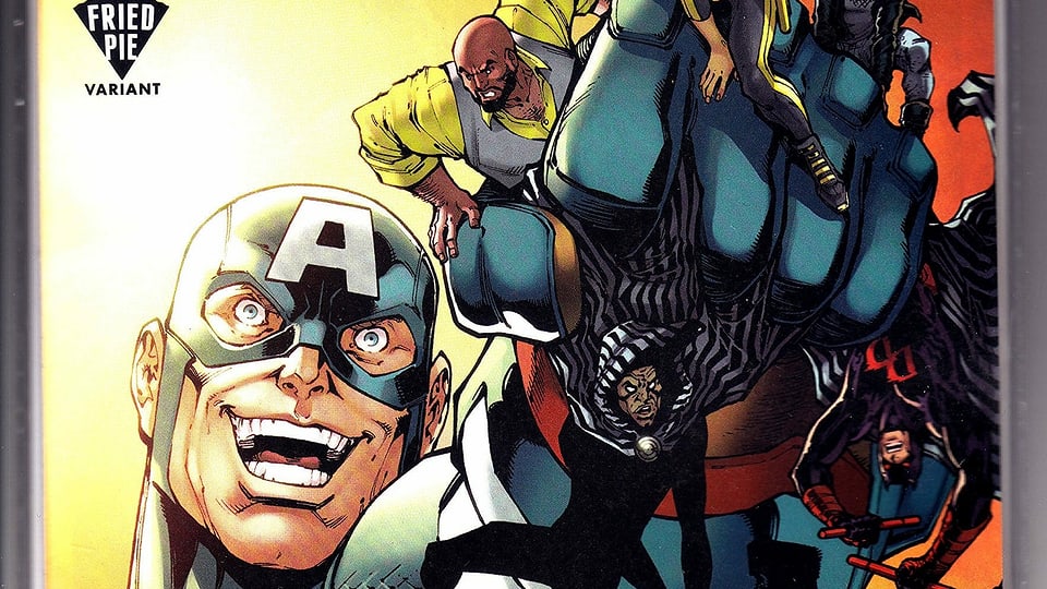 Ein riesiger Captain America zerdrückt andere Helden in seiner Faust