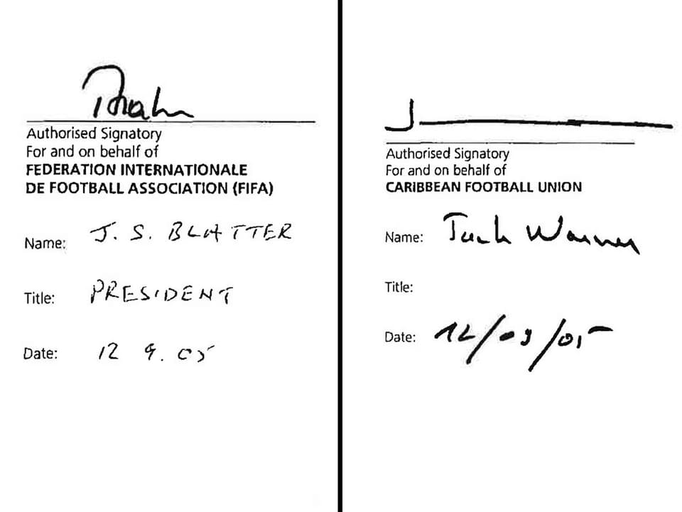 Die Unterschriften der zwei Protagonisten Sepp Blatter und Jack Warner.