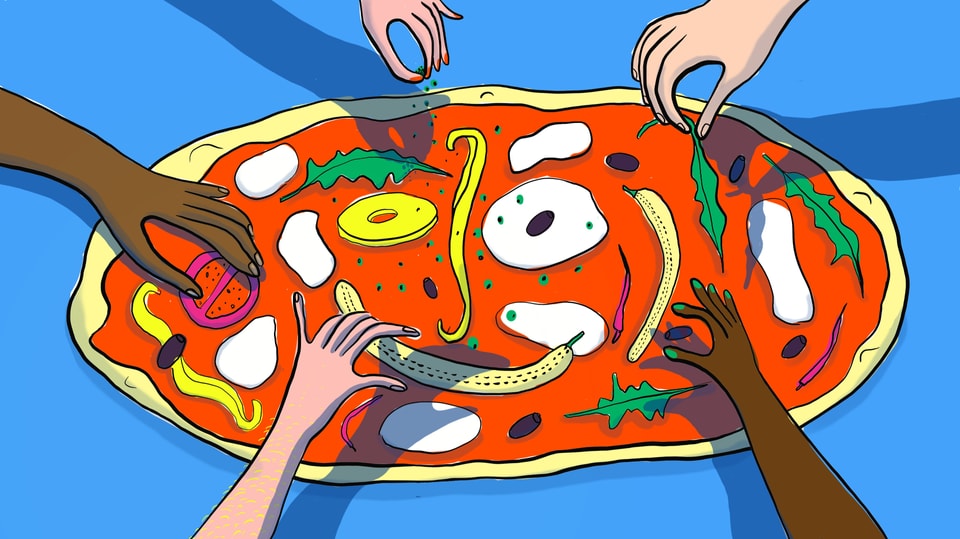 Zeichnung: Verschiedene Hände legen Zutaten auf eine Pizza. Die Zutaten formen ein lachendes Gesicht.