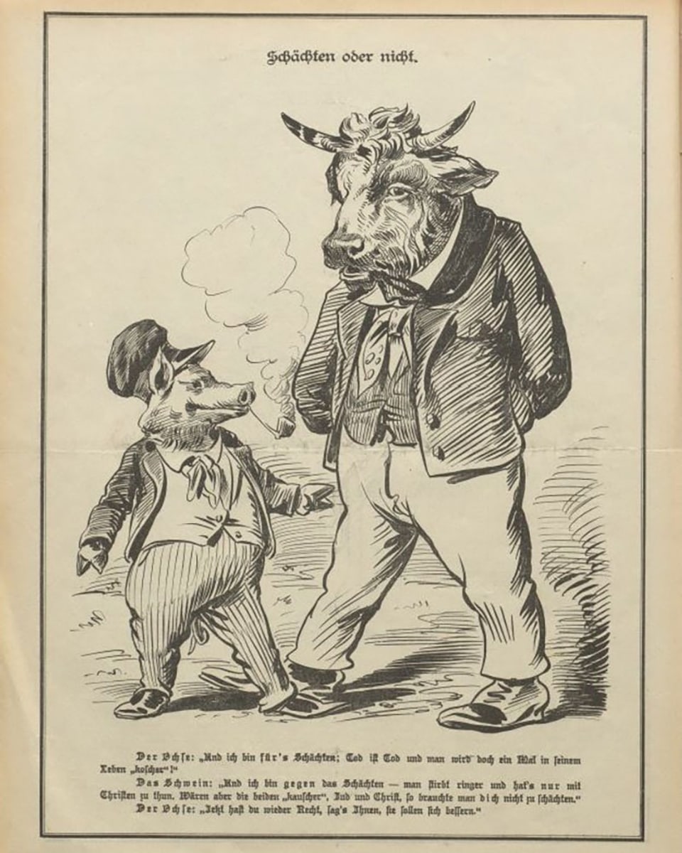 Eine Karikatur zeigt einen Schweine- und einen Rinderkopf auf einem Menschenkörper.