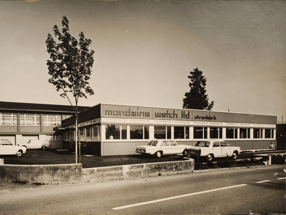 Ein Schwarz/Weiss-Foto von der Firma. Ein einstöckiges Gebäude mit vielen Fenstern.