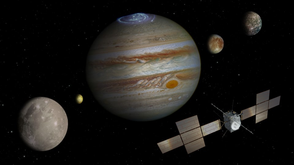 Auf dem Bild ist der Jupiter mit den drei Eismonden zu sehen.
